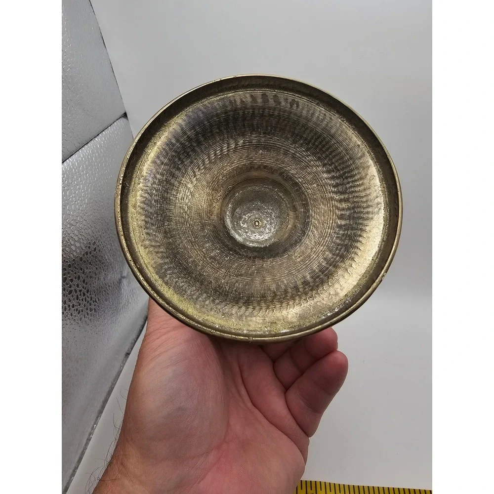 Vintage Etched Brass Vase Black Gold Floral Ruffled Rim Pedestal Base 10.5